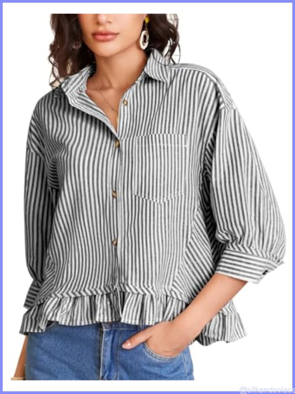 Womens 100% Cotton Striped Button Down Cropped 3/4 Sleeve Ruffled Blouse